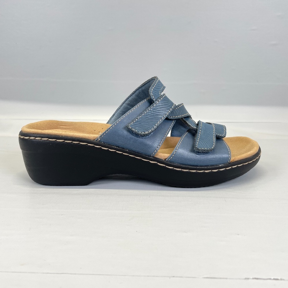 Clarks Merliah Karli Wedge Sandals Womens Size 6.5 M Blue Leather Comfort Shoes